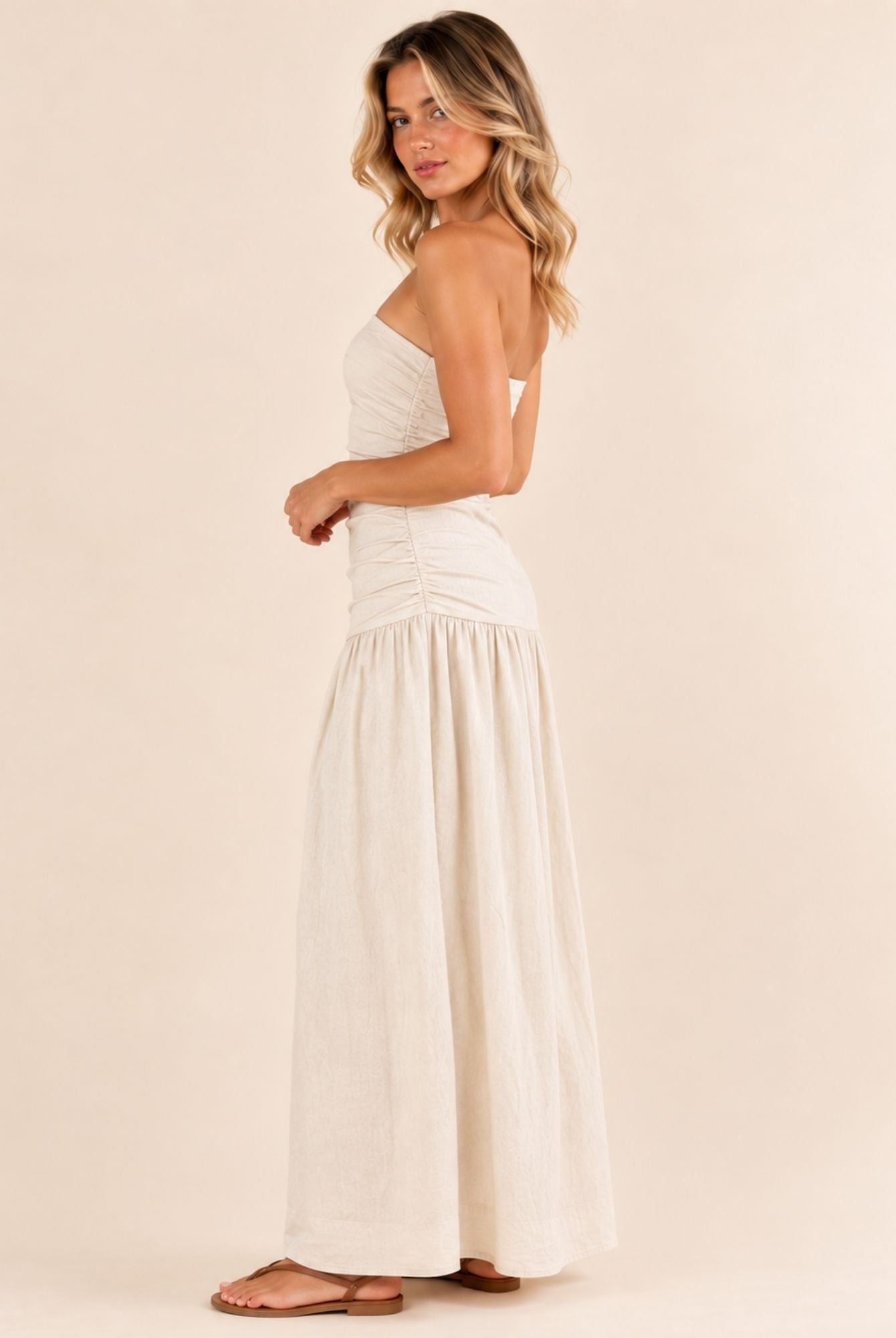 Natural Strapless Ruched Waist Maxi Dress view 4