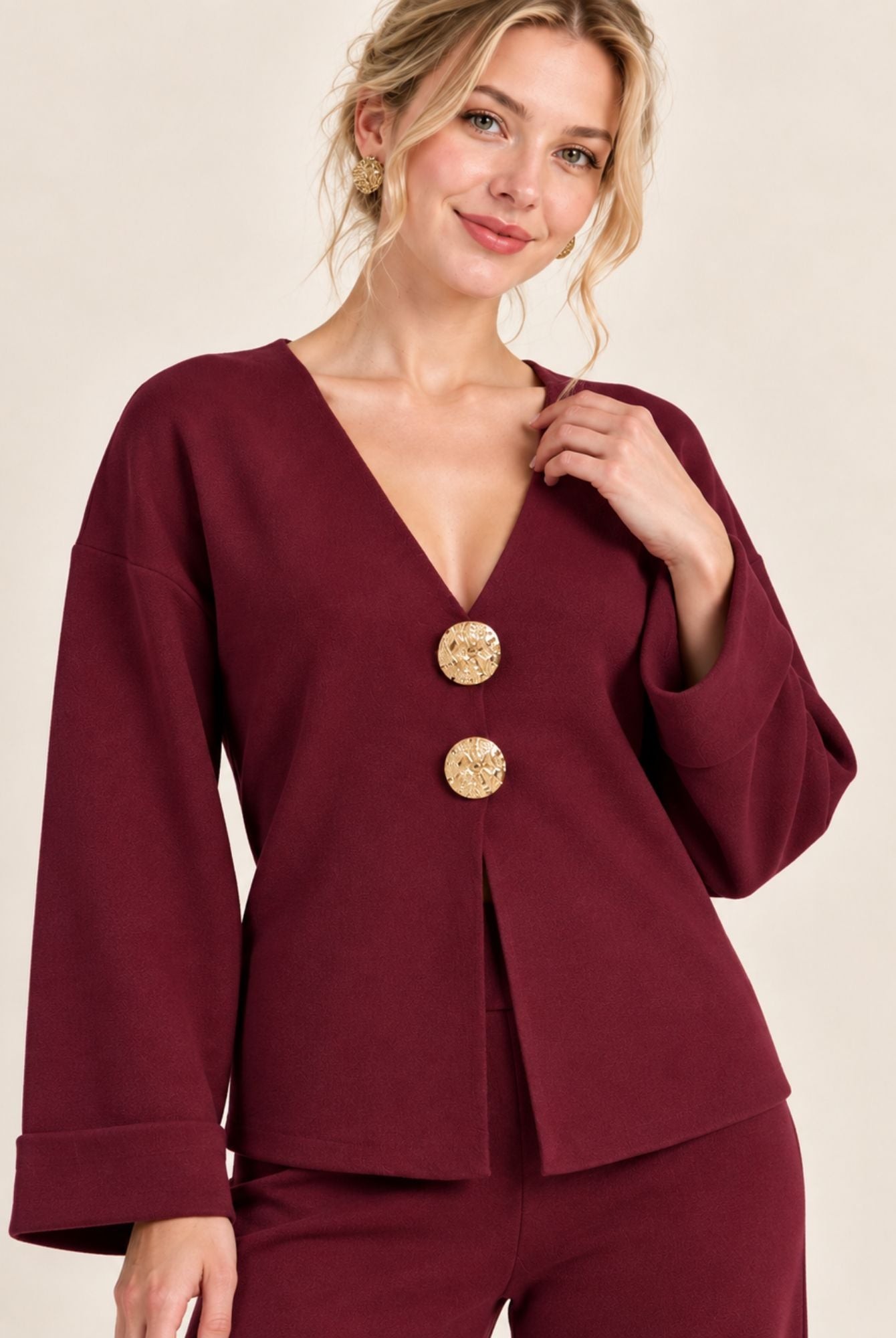 Burgundy V-Neck Button Front Cardigan Wide Leg Trousers Set view 3