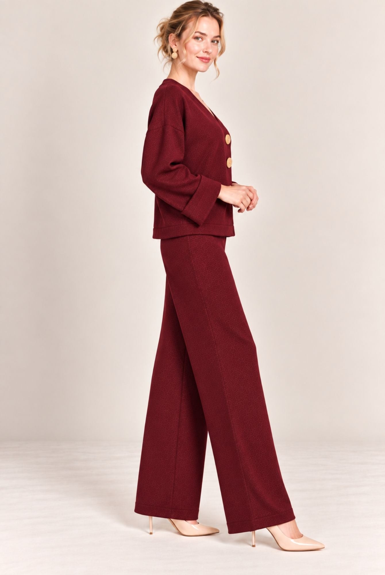 Burgundy V-Neck Button Front Cardigan Wide Leg Trousers Set view 4