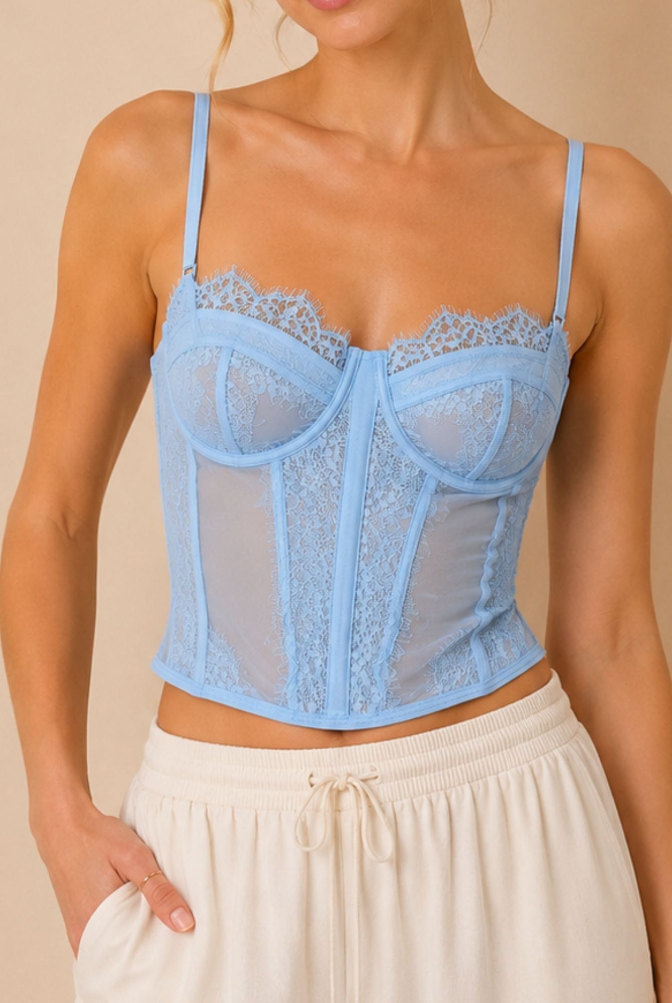 Powder Blue Lace Corset Top With Sheer Mesh Panels view 4