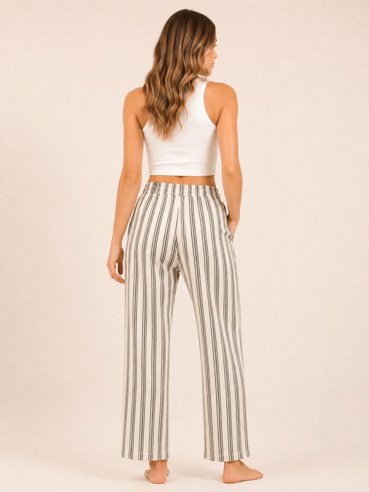 Black Striped Linen Blend Elastic Tie Waist Trousers view 4