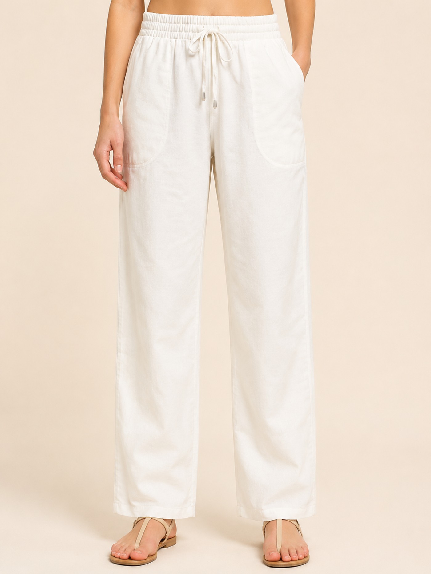 Natural Linen Blend Elastic Tie Waist Trousers