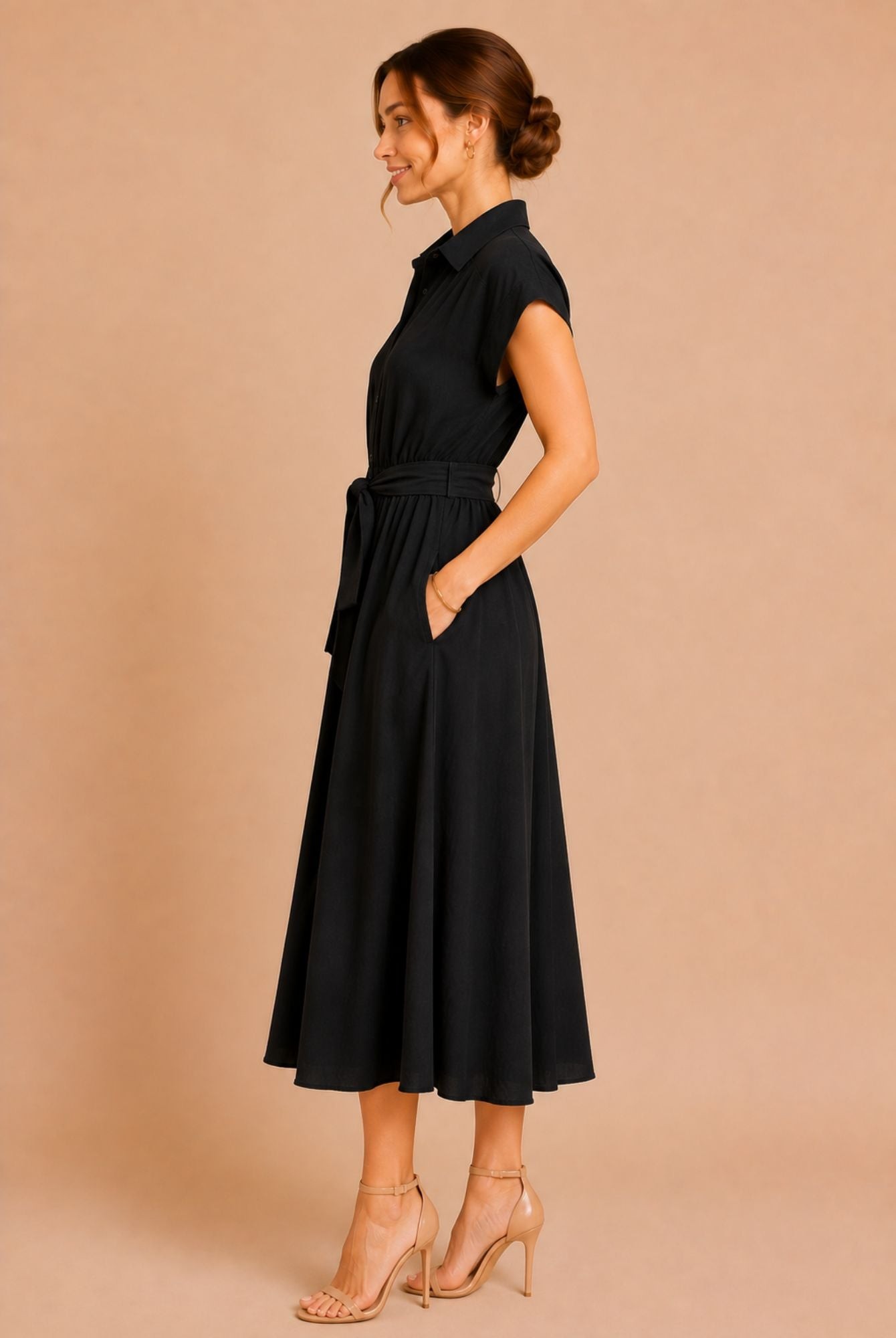 Black Button Front Tie Waist Midi Shirt Dress view 4