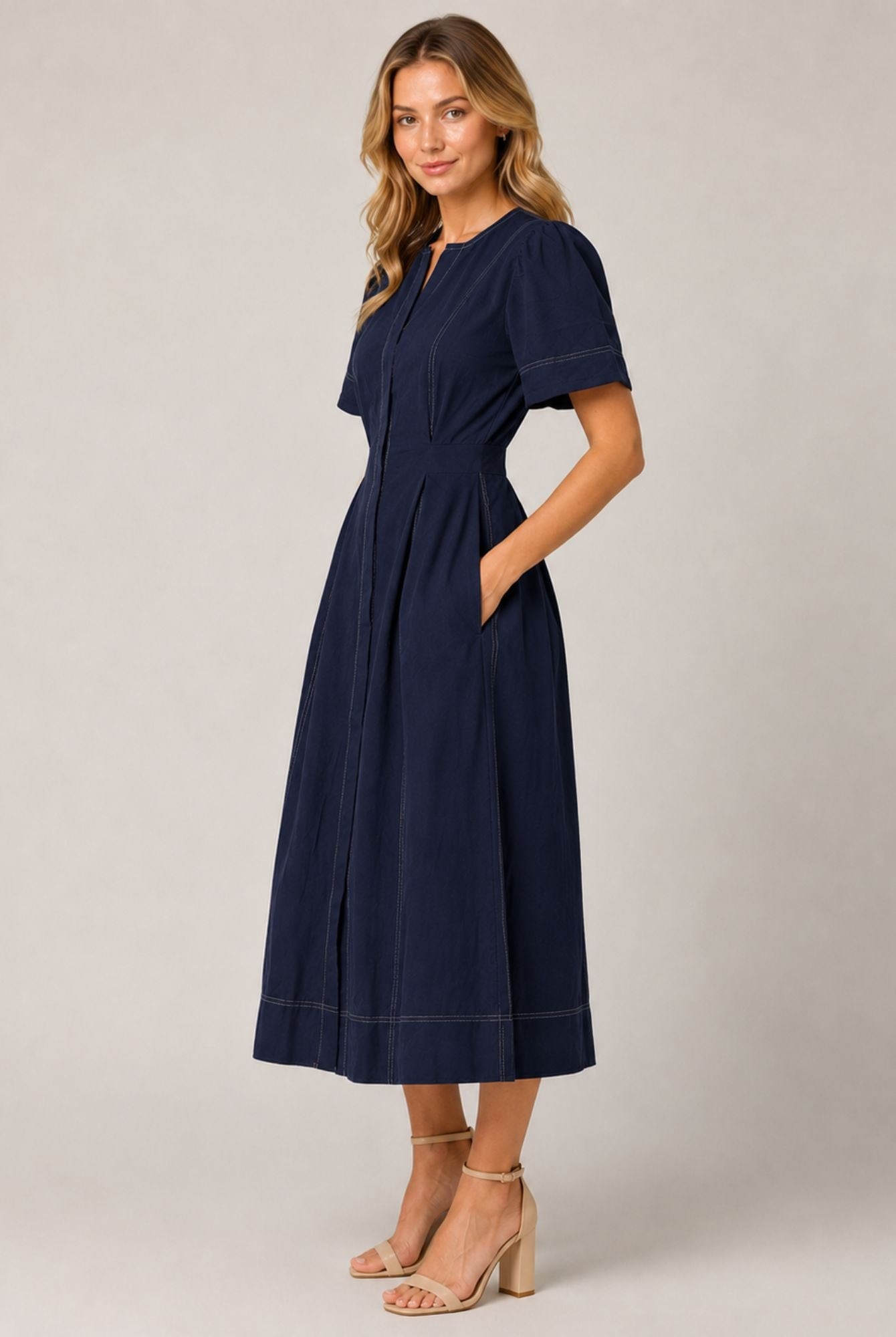 Navy Blue Contrast Stitch Gathered Sleeve Midi Dress view 3
