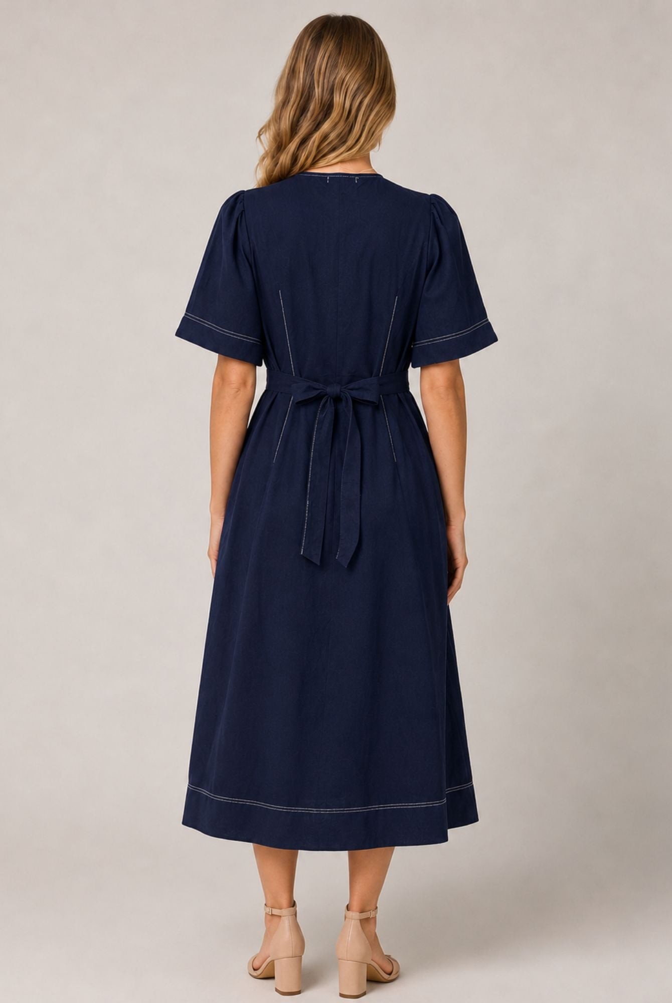 Navy Blue Contrast Stitch Gathered Sleeve Midi Dress view 4