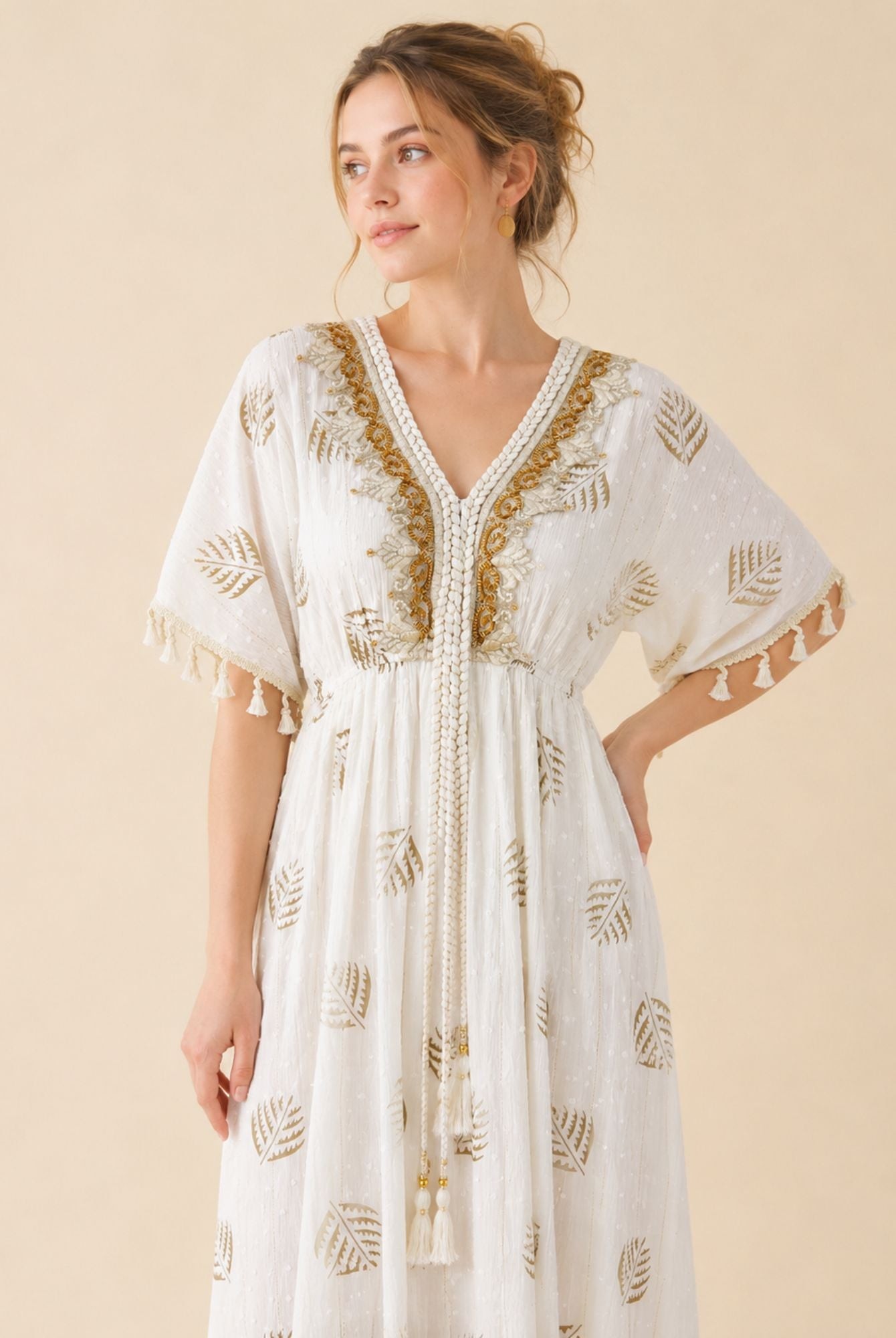 Women's White Tassel Kaftan Maxi Dress – Beige Print & Gold Embroidery view 3