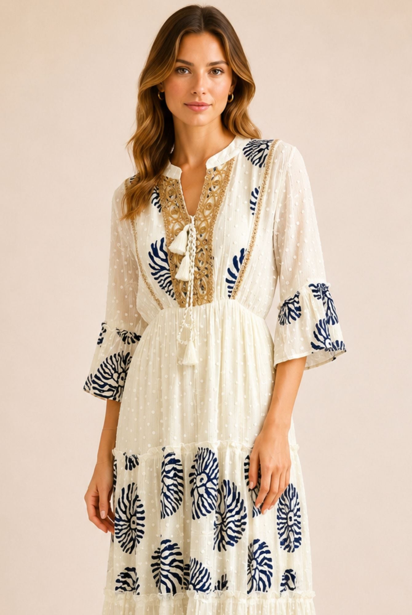 Women's White Embroidered Tassel Tiered Maxi Dress – Navy Print view 3